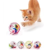 Pet Miyav® Renkli Metal Kafesli Peluş Fareli Kedi Köpek Oyuncağı Oyun Topu 6 Cm